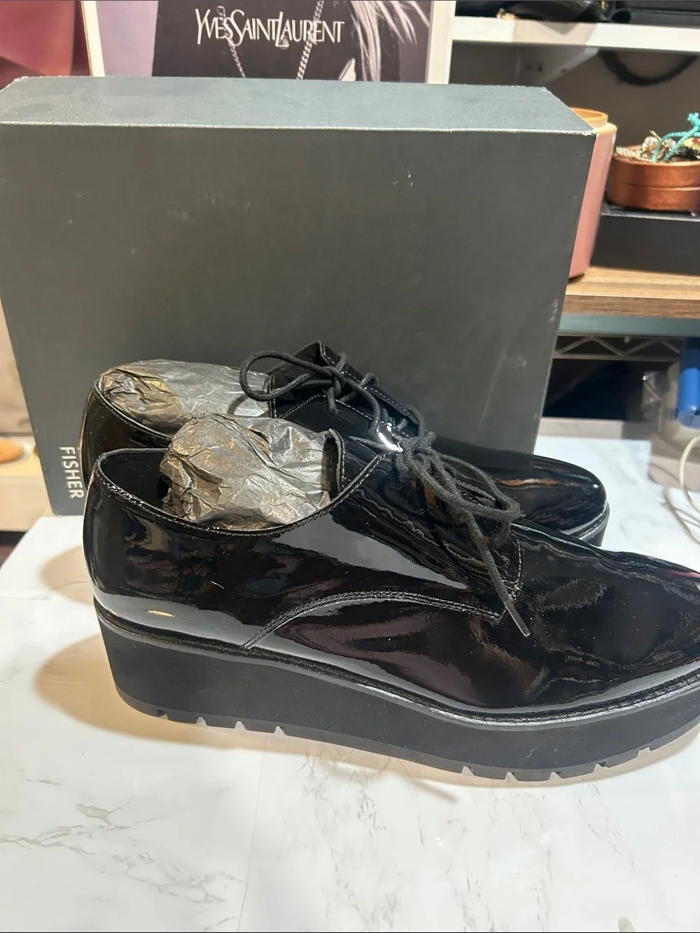 Eileen Fisher Eddy Black Patent Platform Lace-Up Boots